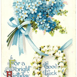 Cartão postal vintage por volta de 1909 para um aniversário brilhante Boa sorte Flores em relevo Ferradura