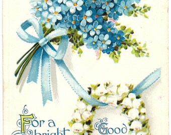 Vintage Postcard Circa 1909 For A Bright Birthday Good Luck Emossed Flowers Horseshoe