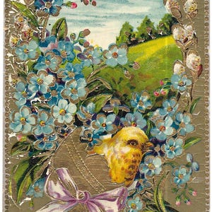 Cartolina d'epoca Auguri di Pasqua Pulcino in rilievo Uovo Fiori Vista primaverile