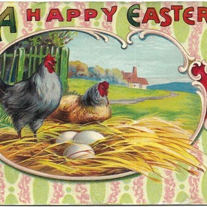 Cartolina d'epoca Una felice Pasqua Uova di gallina Vista primaverile