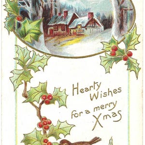 Carte postale vintage, vers 1910, voeux chaleureux pour un joyeux Noël en relief oiseaux, fleurs maison dans la neige