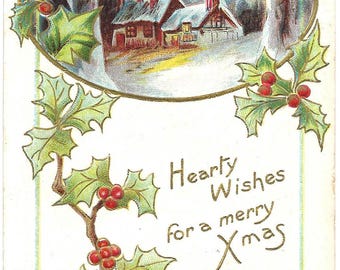 Vintage Embossed Christmas Postcard: Birds, Flowers, Snow Scene (Circa 1910)
