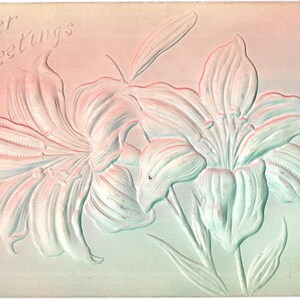 Cartolina d'epoca con auguri di Pasqua, fiori primaverili rosa pastello e blu in rilievo