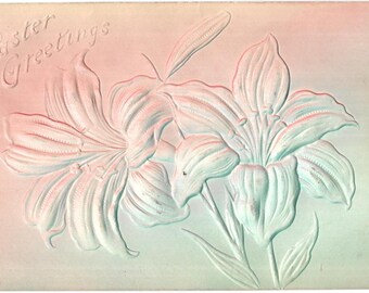 Vintage Postcard Easter Greeting Embossed Pastel Pink And Blue Spring Flowers