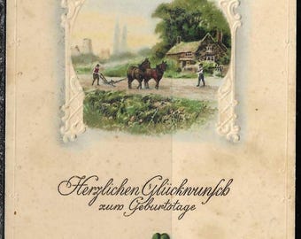 Vintage German Postcard Happy Birthday Embossed Flowers Men Working In Farm