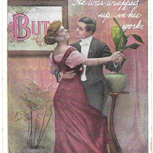 Vintage Postkarte Circa 1910 Er War Eingehüllt In Seiner Arbeit Liebe Romanze Tanzendes Paar