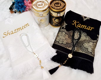 Personalisiertes Islamisches Geschenkset | Gebetsteppich, Perle Tasbeeh, Koran