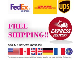May include: Free shipping on orders over $35. The image shows logos for FedEx, DHL, and UPS, along with a red circle with a truck and the words "Express Delivery". The image also shows flags for the United States, Canada, the United Kingdom, Germany, France, and the European Union.