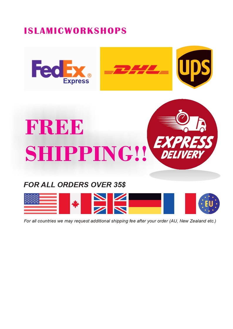 May include: Free shipping on orders over $35. The image shows logos for FedEx, DHL, and UPS, along with a red circle with a truck and the words "Express Delivery". The image also shows flags for the United States, Canada, the United Kingdom, Germany, France, and the European Union.