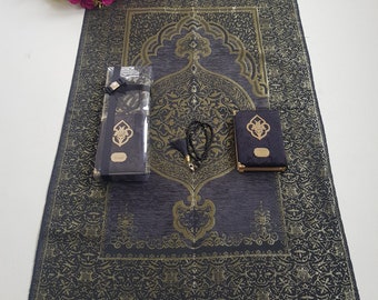 Juego de regalo personalizado de alfombra de oración / Corán de terciopelo, Tasbeeh