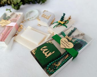 Set de regalo de mini Corán de terciopelo / Tasbeeh de perlas, caja decorada / Recuerdo de Eid
