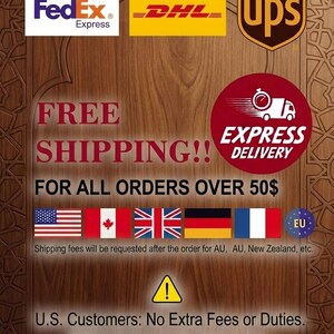 Puede incluir: Un gr&aacute;fico promocional para Islamic Workshop con logotipos de FedEx Express, DHL y UPS. El texto muestra entrega urgente gratuita para pedidos superiores a 50 d&oacute;lares, con banderas de EE. UU., Canad&aacute;, Reino Unido, Alemania, Francia y la UE debajo.