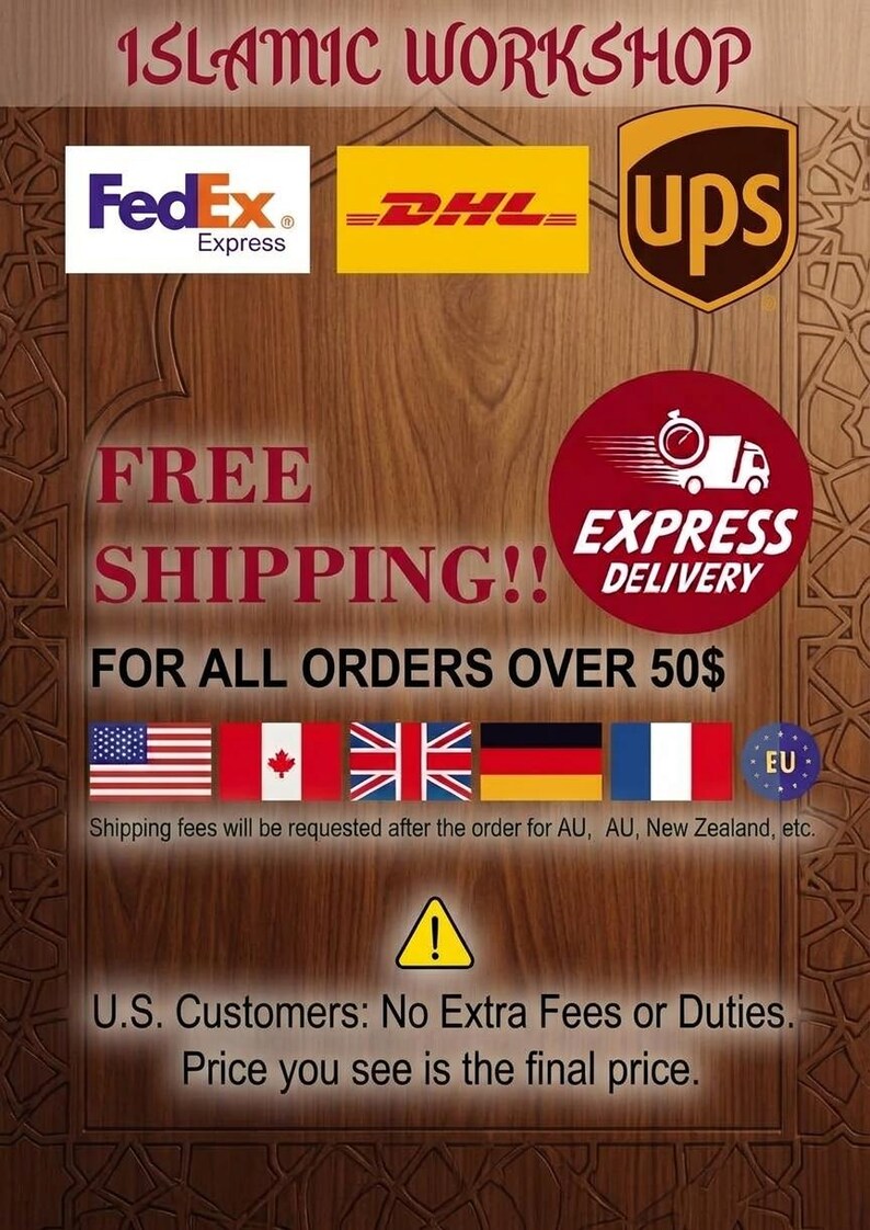 Puede incluir: Un gr&aacute;fico promocional para Islamic Workshop con logotipos de FedEx Express, DHL y UPS. El texto muestra entrega urgente gratuita para pedidos superiores a 50 d&oacute;lares, con banderas de EE. UU., Canad&aacute;, Reino Unido, Alemania, Francia y la UE debajo.