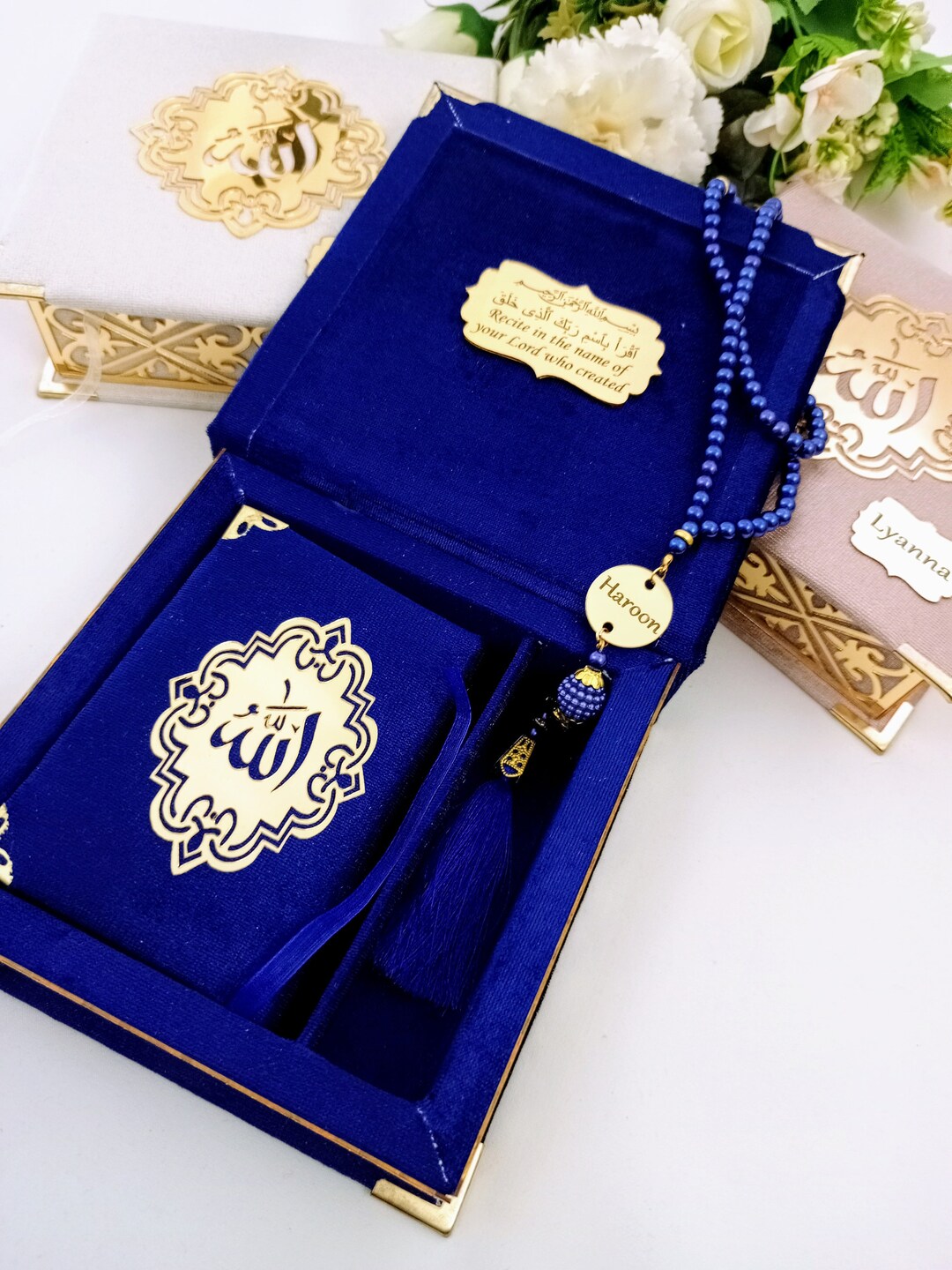 Holy Quran in Velvet Gift Bag with Prayer Beads - Golden Yellow