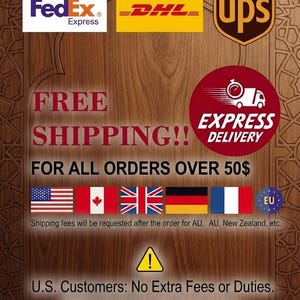 May include: A promotional graphic for Islamic Workshop featuring logos for FedEx Express, DHL, and UPS. The text displays Free Express Delivery for orders over 50 dollars, with flags for the US, Canada, UK, Germany, France, and the EU displayed below.