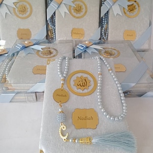 Personalisierte Samt Dua Buch Tasbeeh Beutel mit verzierter Box Muslim Geschenkset | Eid Geschenk | Hochzeitsgeschenk | Baby-Dusche-Geschenk | Geschenk zum Abschluss
