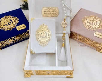 Set de regalo personalizado de Corán en terciopelo / Cuentas de oración de perlas, obsequios islámicos