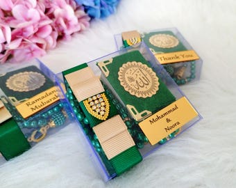Set de regalo de mini Corán de terciopelo / Tasbeeh de perlas, caja decorada / Recuerdos de boda