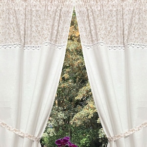 Country house curtain set 2 pieces white/beige retro 140x75 Total 150 cm wide + 2 ties