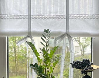 Landhaus Gardine Weiß mit Spitze Raffrollo 100x100cm Shabby Retro Vintage Home