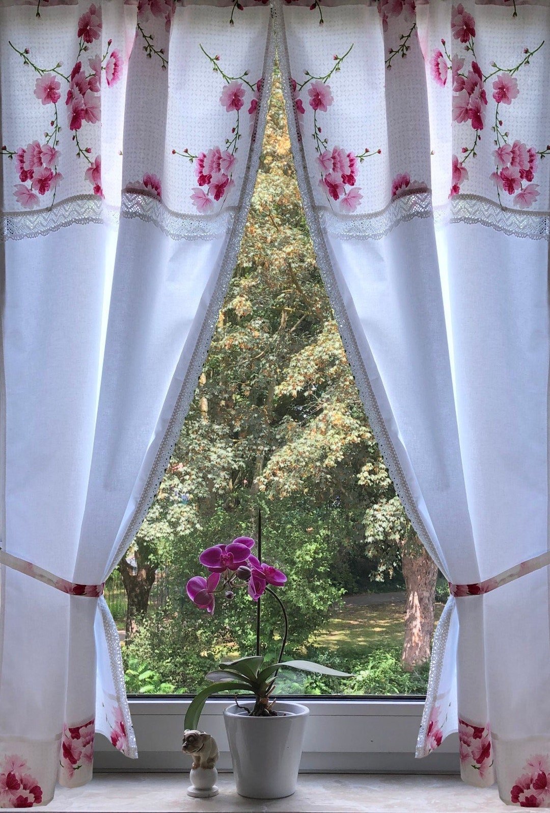 Country House Curtain Set 2 Pieces White/flowers 120x75 Total 150 Cm