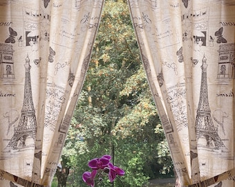 Country house curtain set 2 pieces white/beige Paris 140x75 total 150 cm wide + 2 ties