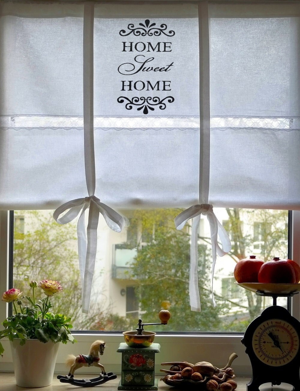 Landhaus Gardine Weiß mit Spitze Raffrollo 100x100cm Shabby Retro Vintage Home