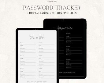 password tracker | printable | log book | Excel | planners | digital | minimum | white and black