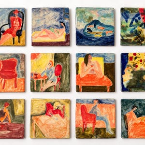 May include: A collection of twelve square ceramic tiles featuring hand-painted scenes of figures in interior settings. The tiles display a variety of colors including red, blue, yellow, and green, with visible brushstrokes and textured surfaces.