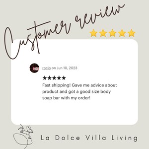 Puede incluir: Una rese&ntilde;a de cliente de cinco estrellas con el texto "&iexcl;Env&iacute;o r&aacute;pido! Me dio consejos sobre el producto y obtuve una barra de jab&oacute;n para el cuerpo de buen tama&ntilde;o con mi pedido!" La rese&ntilde;a es de una clienta llamada "rocio" el 10 de junio de 2023.