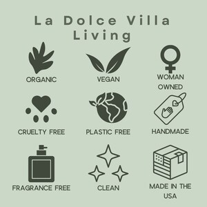 Puede incluir: Un gr&aacute;fico con nueve iconos que representan diferentes pr&aacute;cticas comerciales &eacute;ticas y sostenibles. Los iconos incluyen org&aacute;nico, vegano, propiedad de mujeres, libre de crueldad, libre de pl&aacute;stico, hecho a mano, libre de fragancias, limpio y hecho en los Estados Unidos.