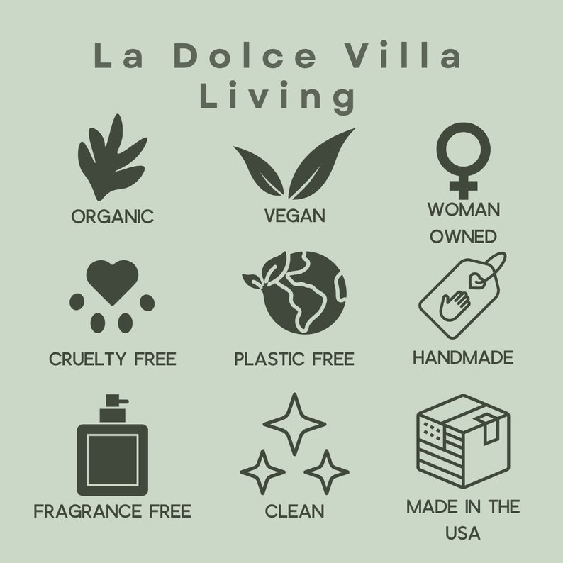 Puede incluir: Un gr&aacute;fico con nueve iconos que representan diferentes pr&aacute;cticas comerciales &eacute;ticas y sostenibles. Los iconos incluyen org&aacute;nico, vegano, propiedad de mujeres, libre de crueldad, libre de pl&aacute;stico, hecho a mano, libre de fragancias, limpio y hecho en los Estados Unidos.