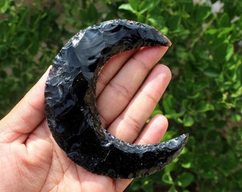 Black Obsidian Crystal Large Crescent Moon - 4 inch , Black Obsidian Large Handmade Moon, Obsidian Moon Carving , hand carved large moon