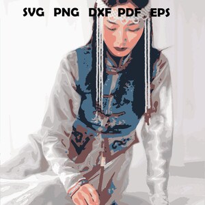 May include: A woman wearing a white and blue traditional garment with a beaded headpiece is writing with a brush on a white surface.