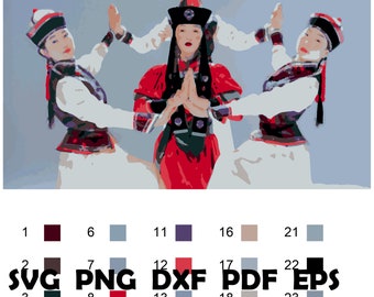 Mongolian Women Dancing Color by Numbers Sheet, Teens Adults (Digital File)