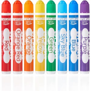 May include: A collection of ten colorful dot markers in magenta, red, orange, orange red, yellow, green, sky blue, blue, purple, and black. Each marker has a white oval design and the words "WASHABLE" and "0.42 oz (12ml)".