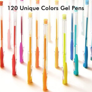 May include: 120 Unique Colours Gel Pens. A close-up of a variety of colourful gel pens arranged in a fan shape. The pens are clear with coloured ink visible inside.