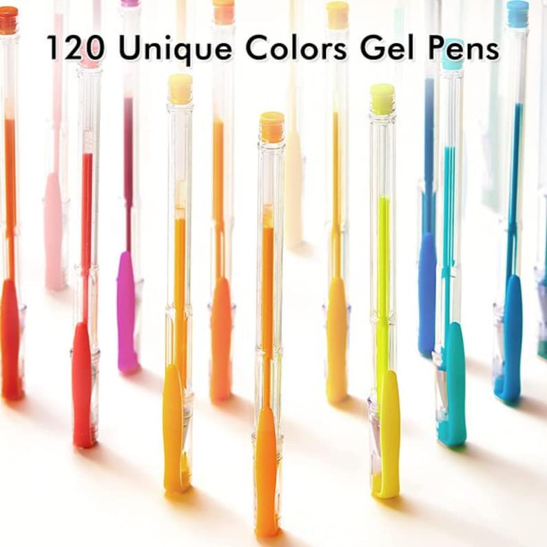 May include: 120 Unique Colours Gel Pens. A close-up of a variety of colourful gel pens arranged in a fan shape. The pens are clear with coloured ink visible inside.