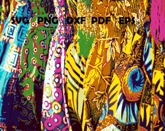 May include: A close-up of colorful fabric scraps with various patterns, including geometric shapes, swirls, and floral designs. The fabric is a mix of blues, greens, yellows, pinks, and oranges.