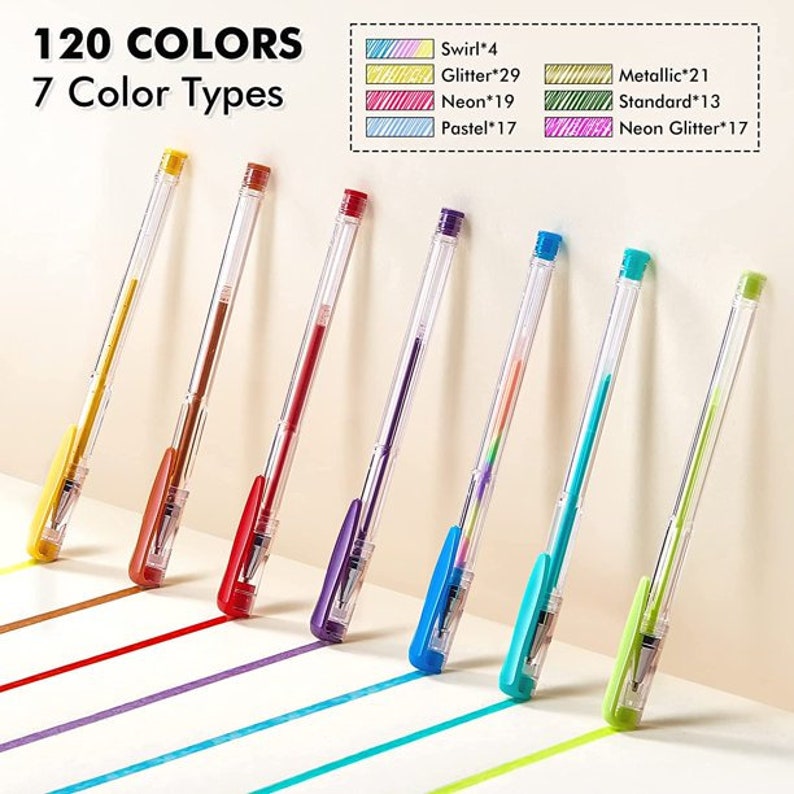 May include: Seven gel pens with clear barrels and coloured ink. The pens are lined up on a white surface with lines of colour drawn behind them. The ink colours are yellow, red, purple, blue, turquoise, green, and lime green. The pens are labelled with the number of colours available in each ink type: Swirl*4, Glitter*29, Neon*19, Pastel*17, Metallic*21, Standard*13, Neon Glitter*17.