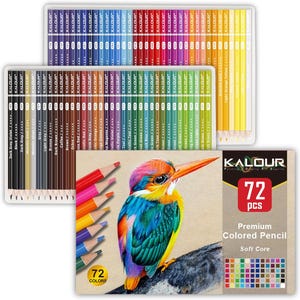 May include: A set of 72 colored pencils in a box with a bird illustration on the front. The box is labeled "KALOUR 72 pcs Premium Colored Pencil Soft Core".
