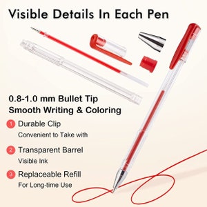 May include: A close-up of a clear, red gel pen with a red clip and a visible ink cartridge. The pen has a 0.8-1.0 mm bullet tip and is described as having smooth writing and colouring. The image also shows a disassembled pen with a replaceable refill, a transparent barrel, and a durable clip.