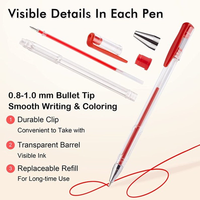 May include: A close-up of a clear, red gel pen with a red clip and a visible ink cartridge. The pen has a 0.8-1.0 mm bullet tip and is described as having smooth writing and colouring. The image also shows a disassembled pen with a replaceable refill, a transparent barrel, and a durable clip.