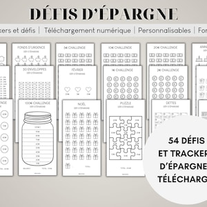 Peut inclure: Un ensemble de 54 trackers et défis d'épargne imprimables en noir et blanc au format A6. Les trackers incluent des thèmes tels que "Maison", "Fonds d'urgence", "52 Semaines", "50 Enveloppes", "Défi 100 euros", "Noël", "Puzzle", "Dettes", "Vacances" et "Permis".