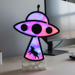 UFO Cow Abduction LED Sign, 3D Alien Sculpture, Programmable Light Room Decor