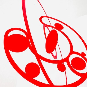 May include: Abstract red art piece against a white background. The artwork features a series of interconnected shapes, including circles, ovals, and curved lines. The bold red color creates a striking contrast against the white backdrop, emphasizing the dynamic composition.