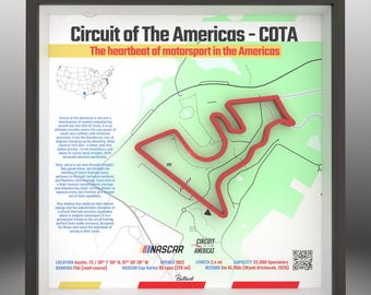 May include: A framed wall art piece featuring a map of the Circuit of The Americas - COTA race track in Austin, Texas. The display includes a red 3D track layout, a small map of the USA, descriptive text, NASCAR branding, and technical data.