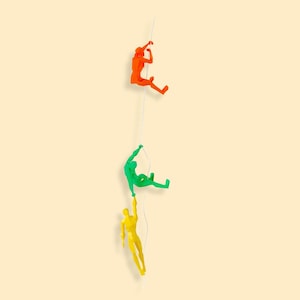 Set of 3 Colorful Polygonal Climbing Wall Sculptures - Orange, Green, and Yellow Figures - Fun and Unique Wall Hanging Decor