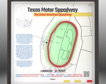 May include: A framed shadow box display of the Texas Motor Speedway featuring a central red track layout on a light green background. The print includes the title, a map of the United States, descriptive text, NASCAR branding, and technical data.