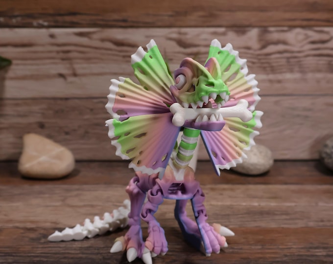 Articulated Dilophosaurus Skeleton Flexi Toy: Moving Mouth Dinosaur Figurine - 3D Printed Fidget Desk Accessory
